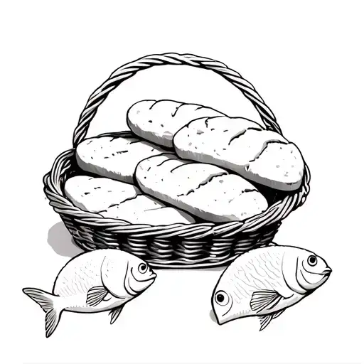 5 Loaves Bread With 2 Fish In A Basket Full