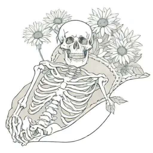 Skeleton With A Daisy In Its Mouth Lying On A Picnic Blanket