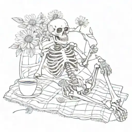 Full Skeleton With A Daisy In Its Mouth Lying On A Picnic Blanket