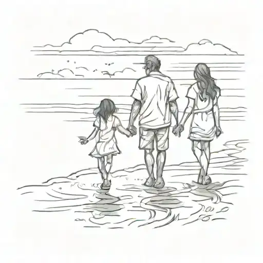 A Silhouette Of A Father And Daughter Walking Along The Beach At Sunset