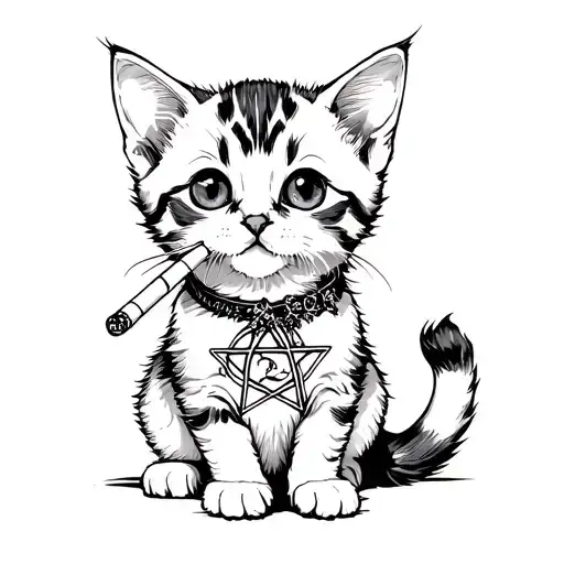 A Small Kitten With A Cigarette In A Gothic Style With A Pentagram