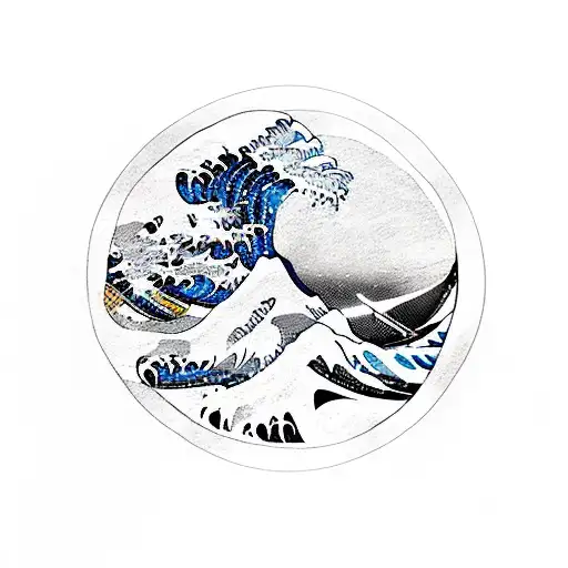 The Great Wave Off Kanagawa With Cherry Blossom Petals And Red Sun