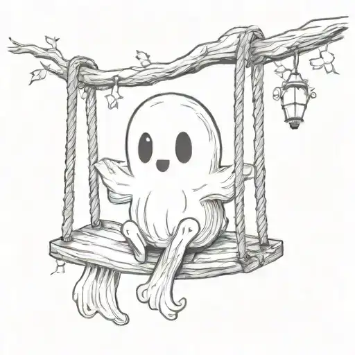 Cute Ghost On A Swing In Black And White