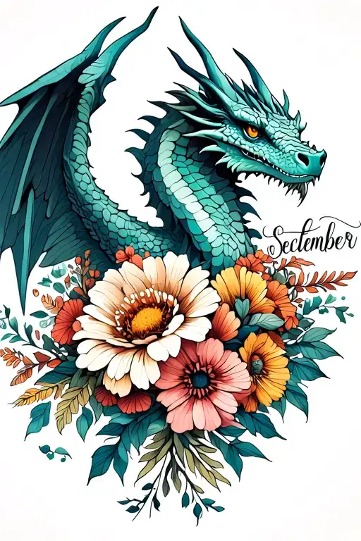Winged Dragon Tattoo With Birth Flower Bouquet October September And November