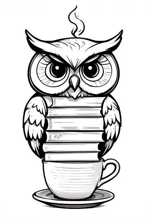 Animated Owl With Large Stack Of Books In Front And One Open And Large Steaming Cup Of Coffee