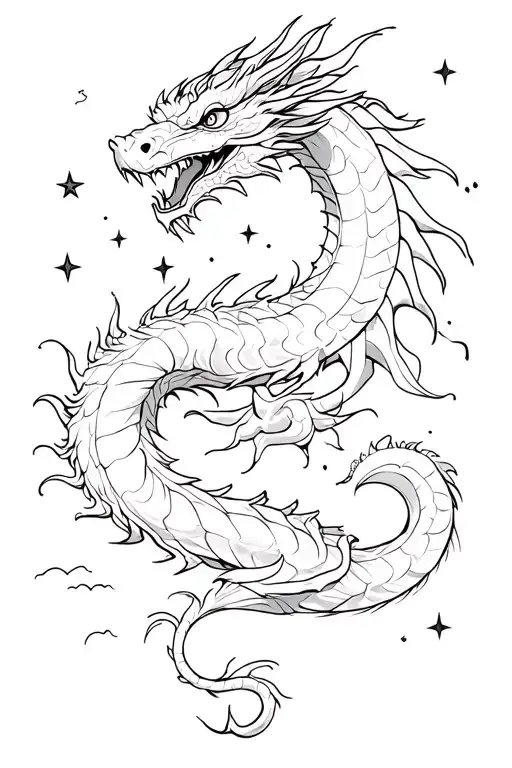 Japanese Dragon In Nightsky With Stars
