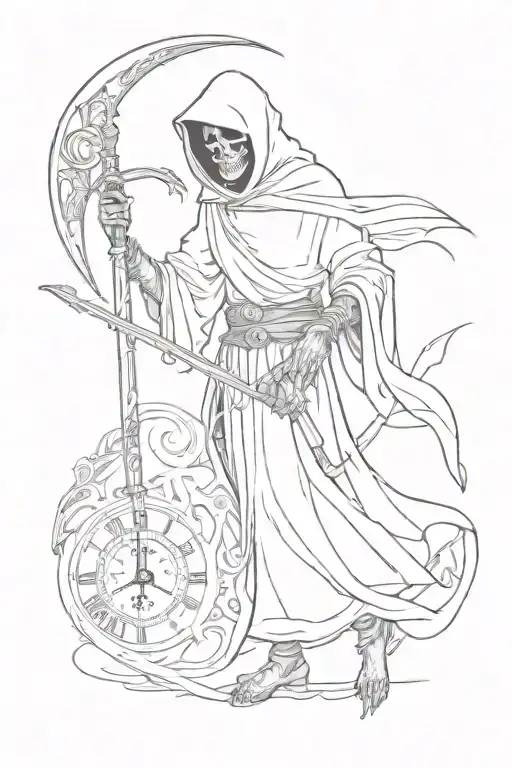 Grim Reaper Full Body Holding Scythe With Clocks Side By Side