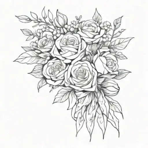 Fine Line Drawing Bouquet Tied Together With A Ribbon