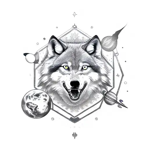 Wolf On An Inverted Triangle With Planets And Stars Above Its Head
