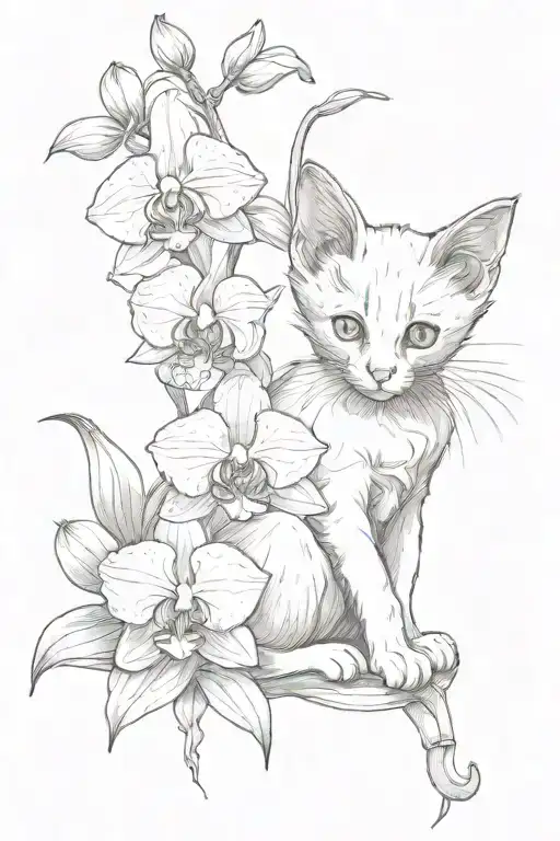 Kitten Sits And Sniffs Orchid