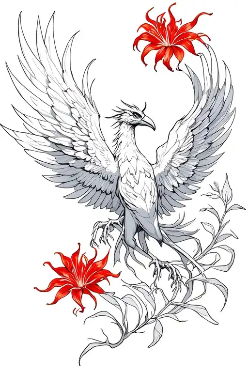 Flying Phoenix With Red Spider Lily