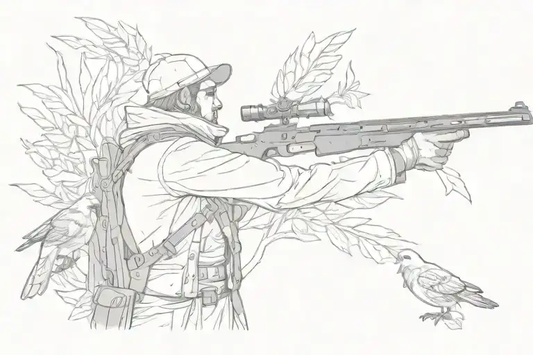 Aiming Hunter Surrounded By Quails