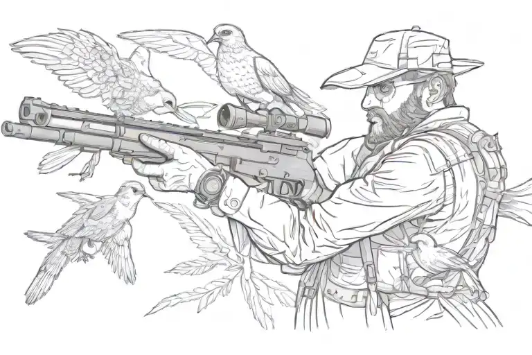 Aiming Hunter With A Shotgun Surrounded By Quails