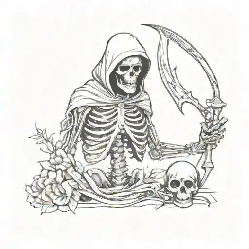 Hooded Reaper Skeleton Holding A Heart And A Brain With Scythe Behind