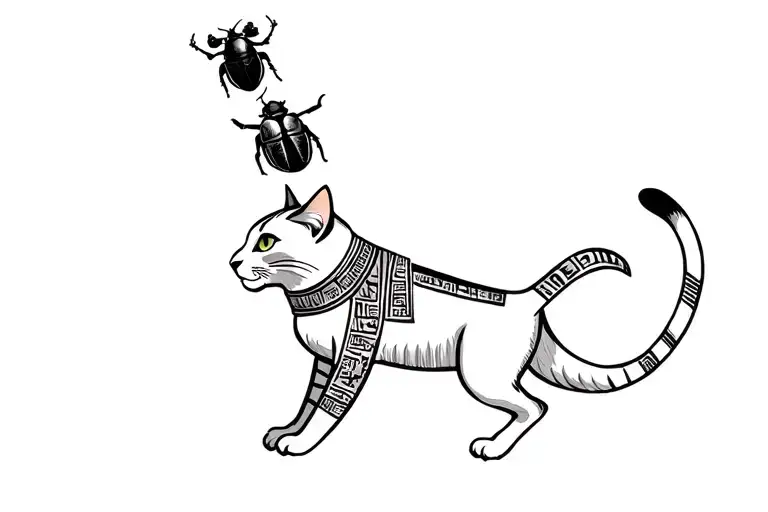 Hieroglyphics Art Of A Egyptian Cat With Collar Jumping Up To Catch A Scarab Beetle