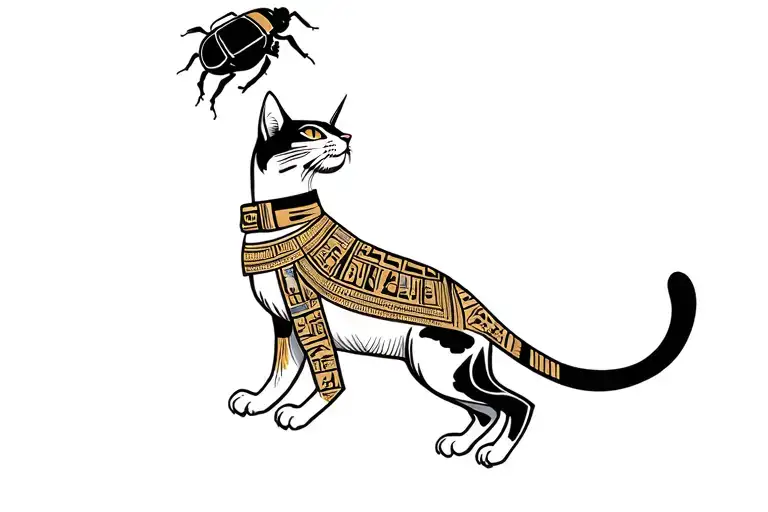 Hieroglyphics Art Of A Egyptian Cat With Collar Jumping Up To Catch A Scarab Beetle