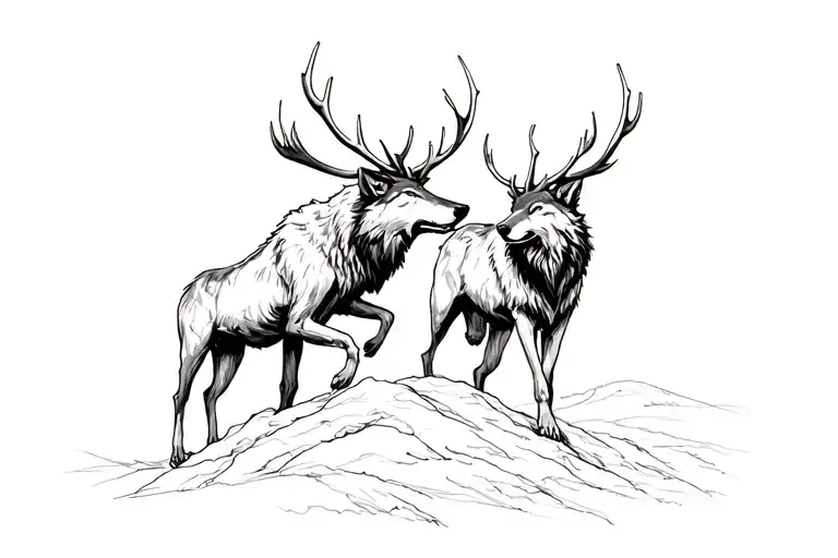 Elk Fighting Wolfs