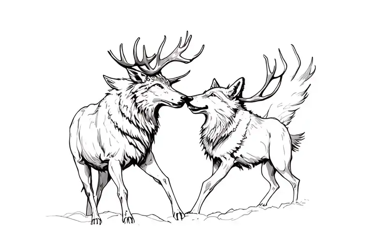 Elk Fighting Wolfs
