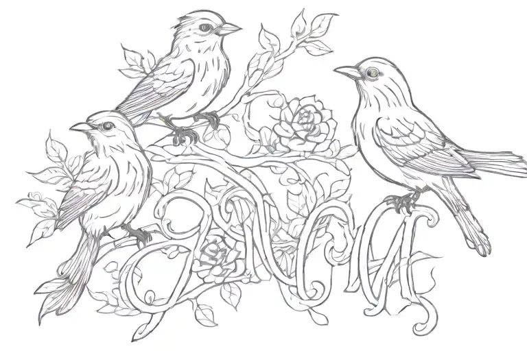 Three Birds On Cursive Letters M W M
