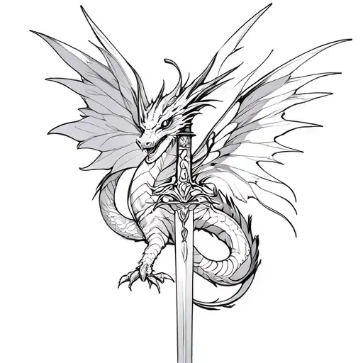 Dragon And Sword Fine Line Tattoo With Butterfly Wings Combined