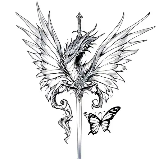 Dragon And Sword Fine Line Tattoo With Butterfly Wings Combined