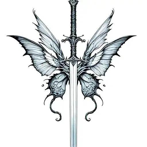 Dragon And Sword Fine Line Tattoo With Butterfly Wings Combined