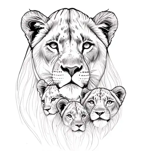 Lioness And Four Cubs Face Only