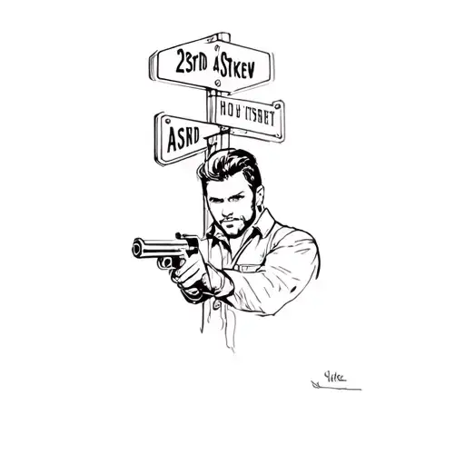 A Man Holding A Gun With A 23Rd And Askew Street Sign In The Back