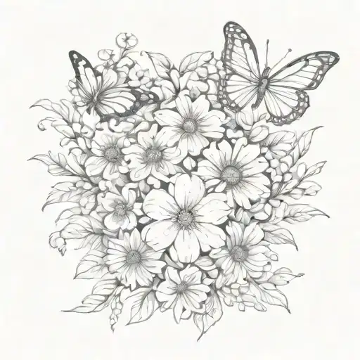 Flowers Bouquet And Butterflies Surrounding