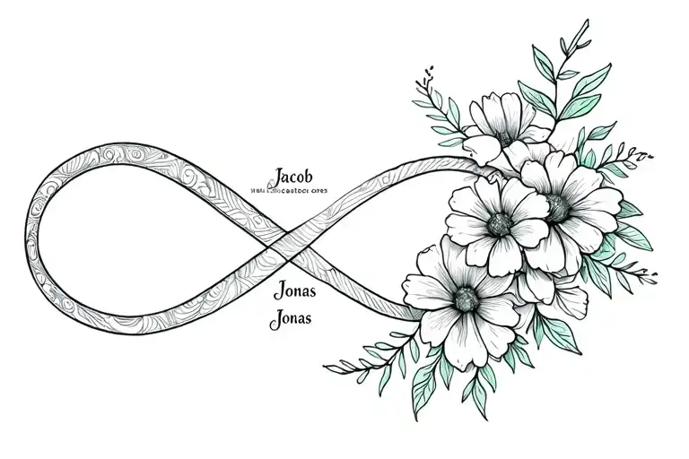 Light Flowery Feminine Tatoo With The Names Jacob & Jonas And An Infinity Sign