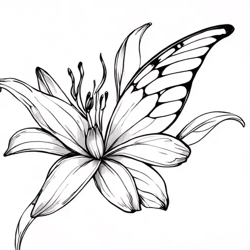 Fine Line Butterfly Tattoo With The Wings Moving Effect On A Fine Line Lily Flower