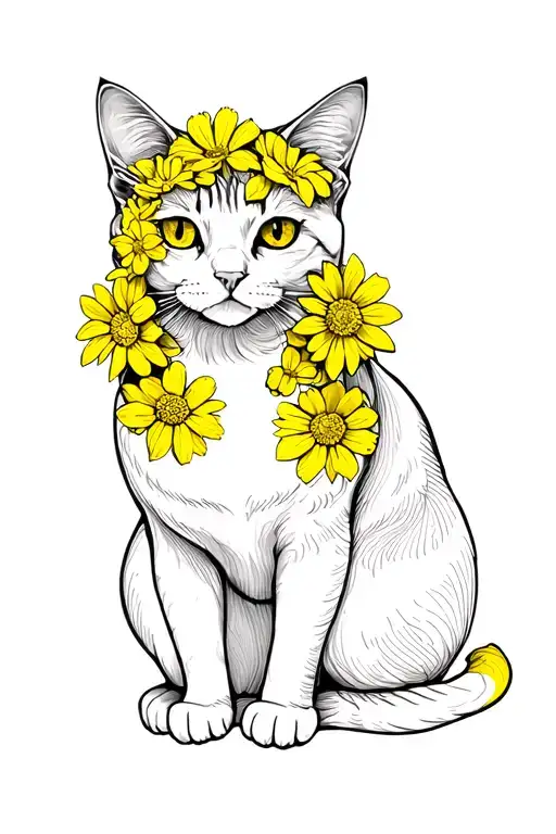 Cat With Yellow Flowers Intertwined