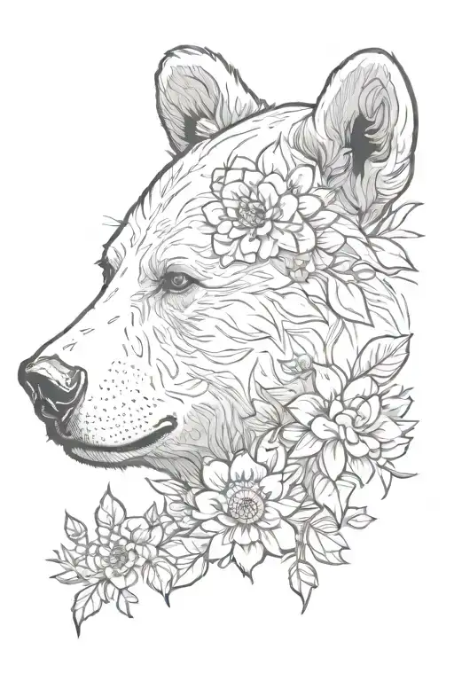 Side View Bear Head With Flowers
