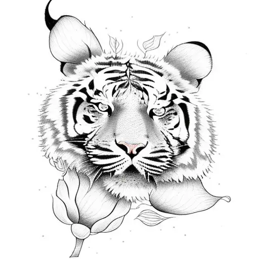 Combine A Tiger And A Rose In A Dotwork Style