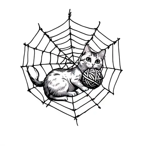 Realistic Web With Cat Playing With A Wool Shaped Web Ball