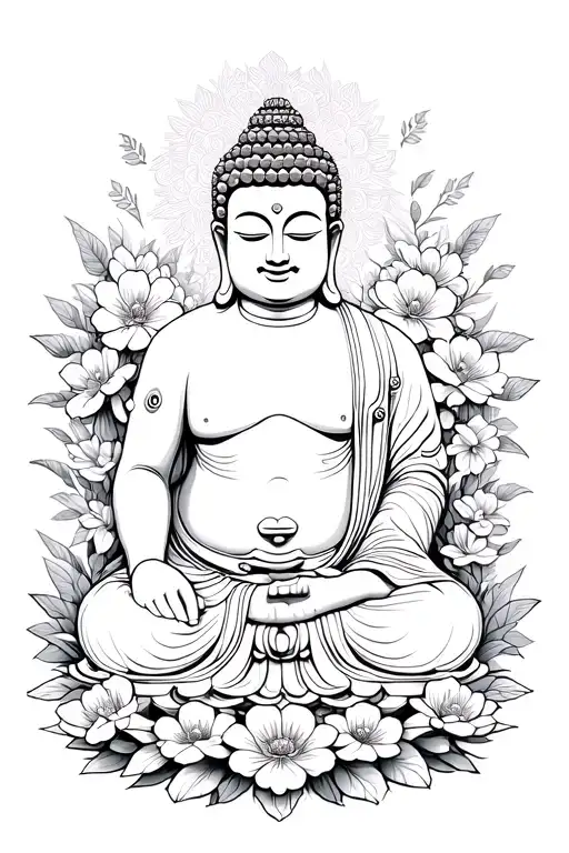 Fat Buddha Surrounded By Flowers Blooming