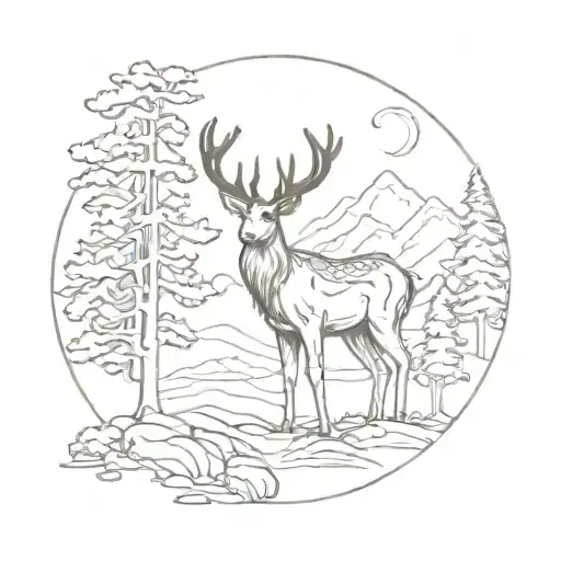 Deer And Trees Colors Sunset