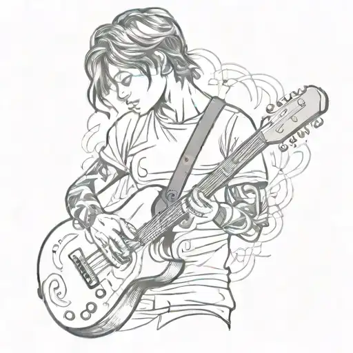 A Sketch Style Tattoo Of A Student Holding A Guitar And Surrounded By Musical Notes