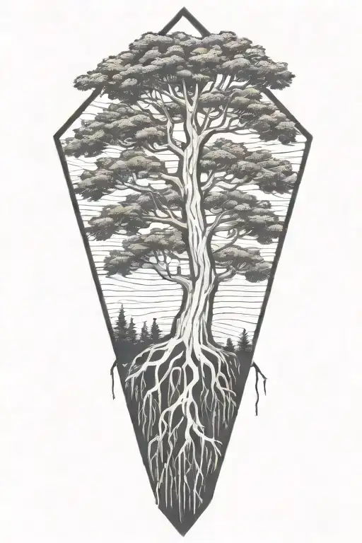 Bald Cypress With Roots Inside Diamond Shaped Line Outlining
