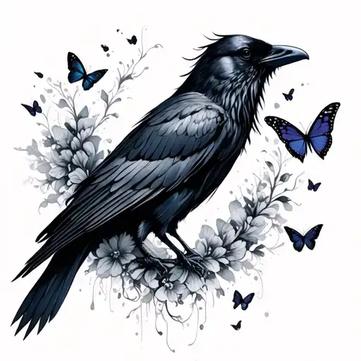 Black Crow Wings Spread With Intricate Butterflies Stomach Tattoo Female
