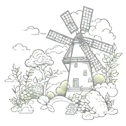 Windmill In Clouds With Plants And Vines