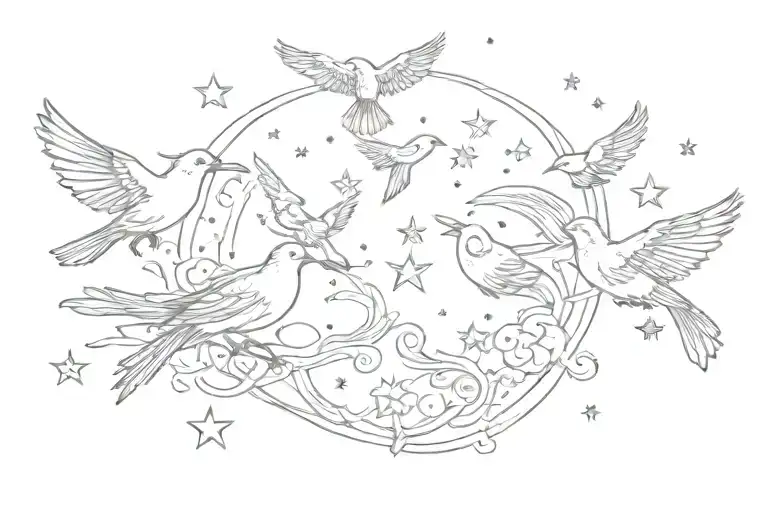 Stars Hearts Sky Birds With Scroll