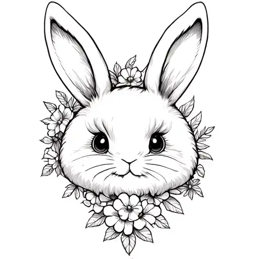 Fluffy Bunny Face With Flowers On The Bottom