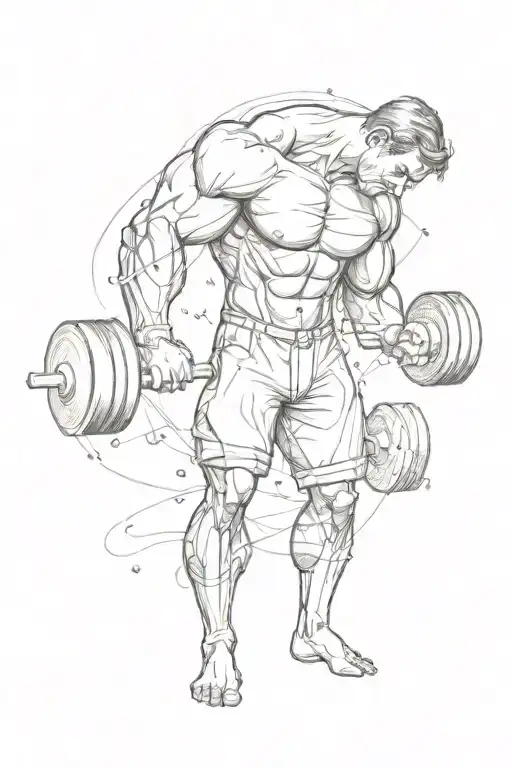 A Sketch Tattoo Of A Muscular Male Figure Lifting Weights With Money Falling Around Him