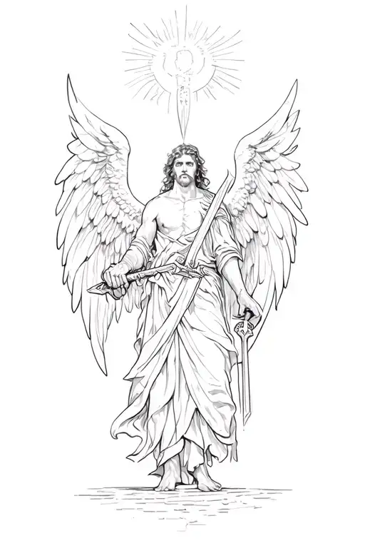 Angel Holding A Sword Downward With Hell Beneath Him And Heaven Above