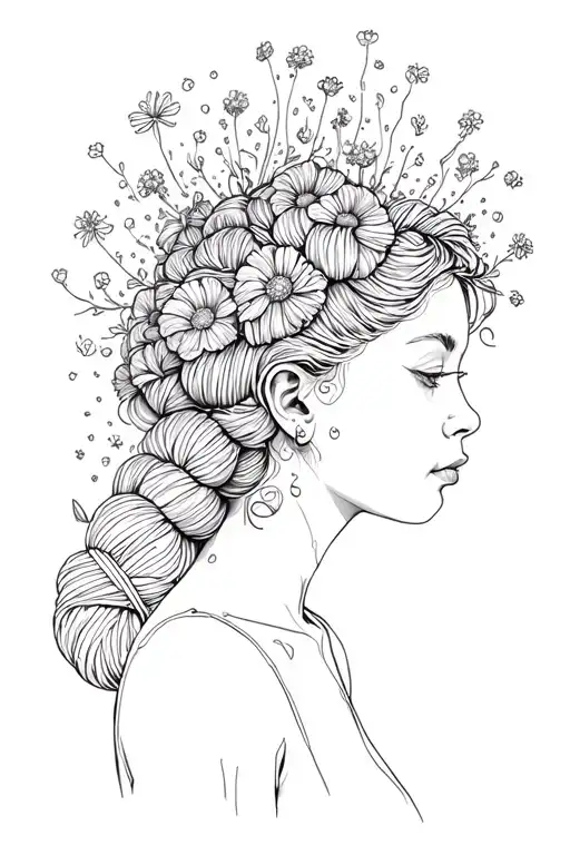 Woman Face Side Profile With Yarn Exploding Out Of Top Of Head Surrounded By Flowers
