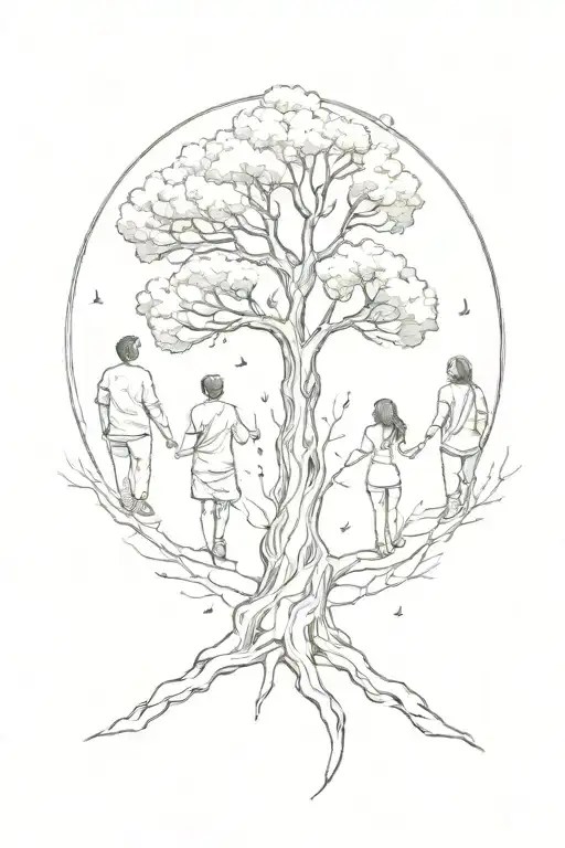 3 Humans Around A Tree Looking In The Sky And Hold Hands