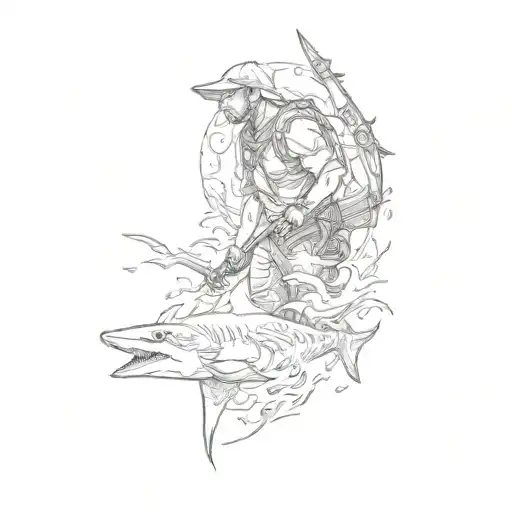A Man Holding A Spear And A Shark