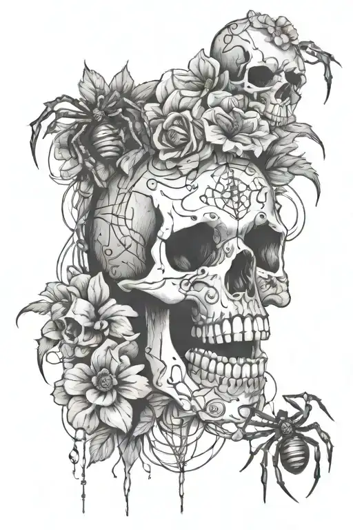 Skull Flowers With Spiders Hanging Hip Tatoo