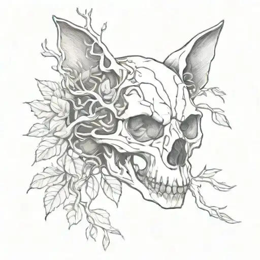 Anatomical Cat Skull Intertwined With Tree Branches